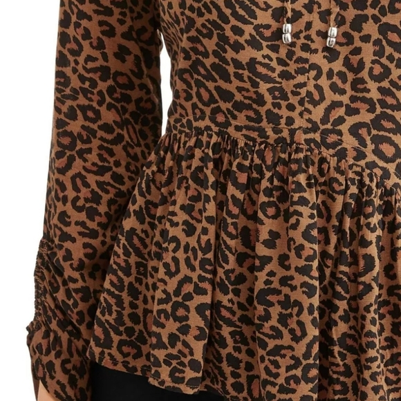 Time and Tru Peasant Top Leopard Print Long Sleeve Round Neck Tassels Size Large - Picture 11 of 12